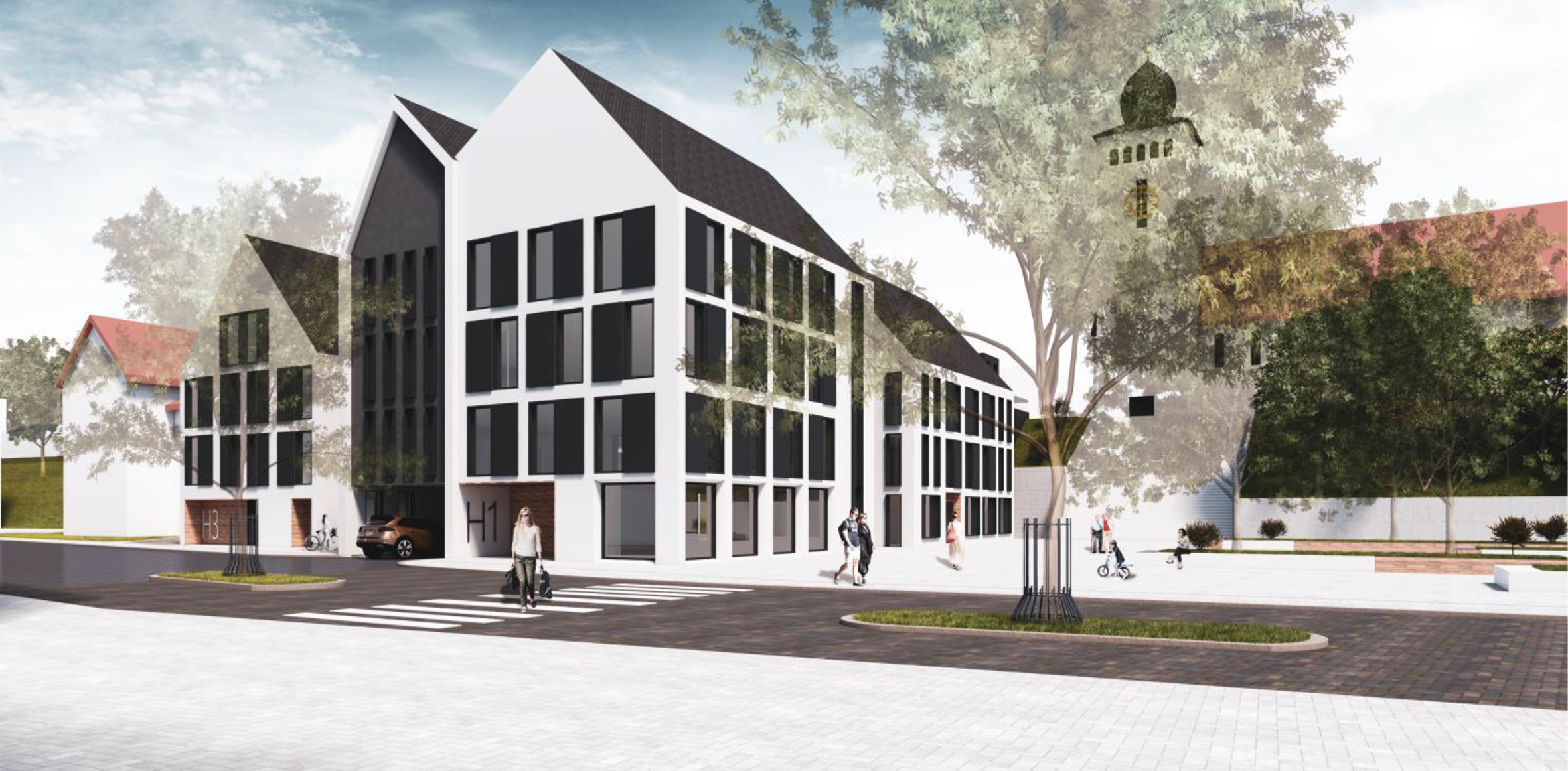 Das Gesundheitszentrum auf dem Sporgassen-Areal soll eine abwechslungsreiche Fassade bekommen. Im Hintergrund die Kirche St. Laurentius.
