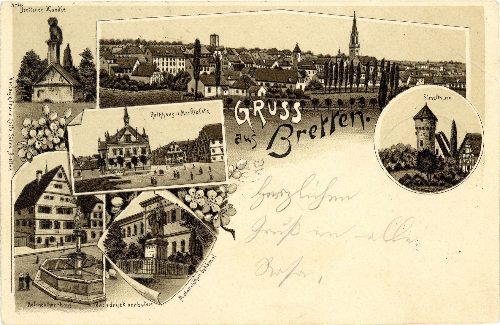 Collage gezeichneter Sehenswürdigkeiten in schwarz-weiß: Die Brettener Hundle-Figur in einer Grünanlage und anscheinend (noch) nicht an der Fassade der Stiftskirche, der Vorläuferbau des heutigen Melanchthonhauses, altes Rathaus, Melanchthon-Denkmal, Simmelturm und Stadtansicht von Südosten - auf dieser Karte von 1890 ließ man noch Platz für handschriftliche Grüße auf der Bildseite.