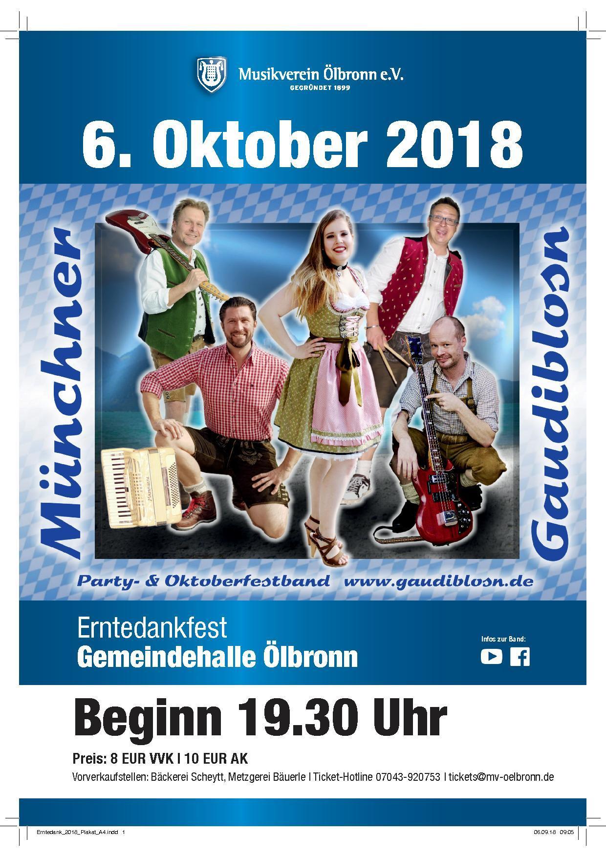 Die Münchner Gaudiblosn tritt auf dem Ölbronner Erntedankfest am 6.10.2018 auf.